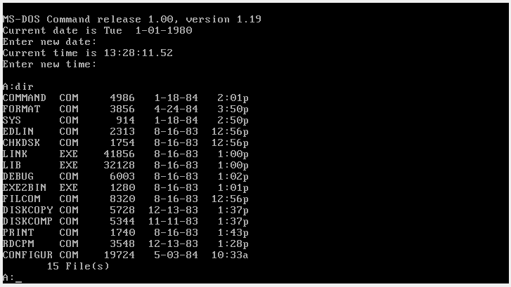 MS-DOS 1.0 screenshot and with dir command runned