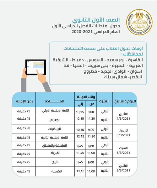 مواعيد دخول امتحانات الصف الاول الثانوي والصف الثاني الثانوي