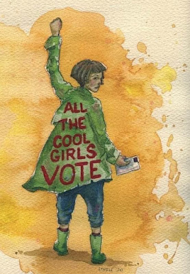 All the Cool Girls Vote... Written on the Back of a Coat... cartoon