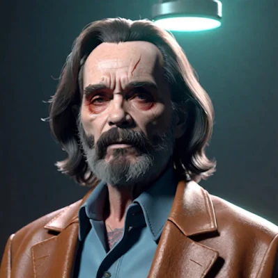 Charles Manson with spooky red around his eyes wearing an orange leather blazer