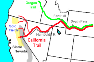 map showing california, oregon, idaho, and nevada with wagon trails shown 