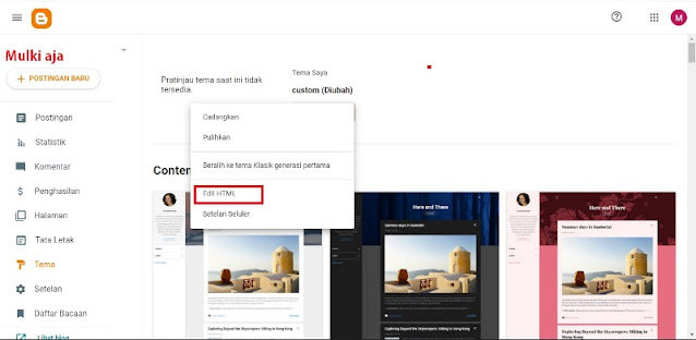 Cara masuk pada menu edit html di blogger