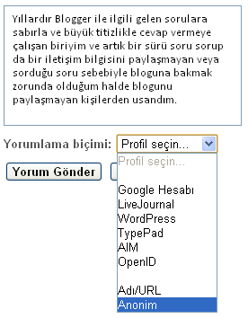 Blogger yorum gönderme seçenekleri