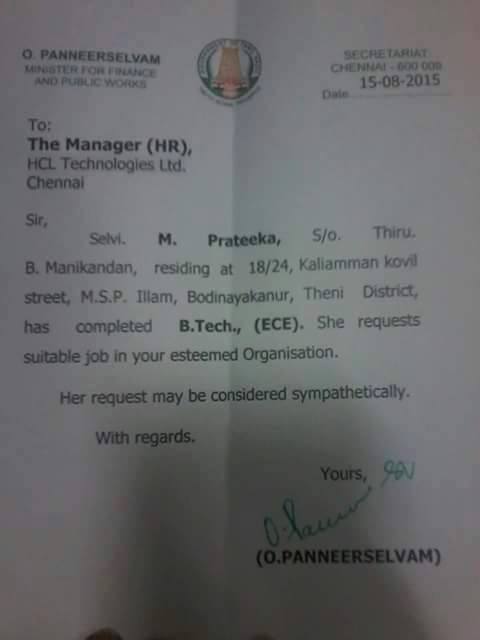 O Panneerselvam S Recommendation Letter For A Girl For Getting Her A Job Chennai Memes