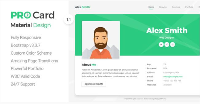 Pro Card v1.0 – A Responsive Resume/CV & vCard Site Template Free Download