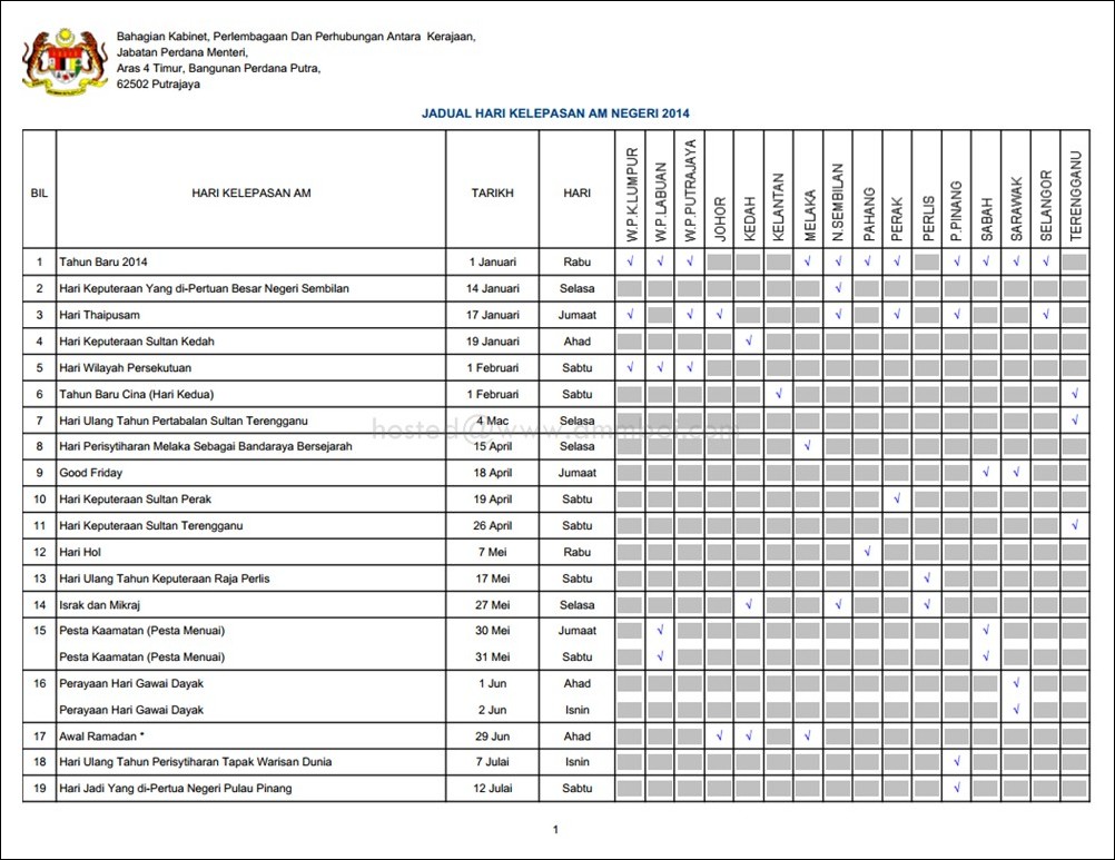 Jadual Hari Pelepasan Am (Cuti Umum) Persekutuan Dan 