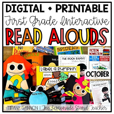 Looking for easy prep October Read Aloud Lessons?!  These October lessons plans contain anchor charts, scripted lessons plans, comprehension posters, student independent practice, exit tickets, crafts, vocabulary, and more.  These fun activities are perfect for learning about fiction and nonfiction text features and fire safety!