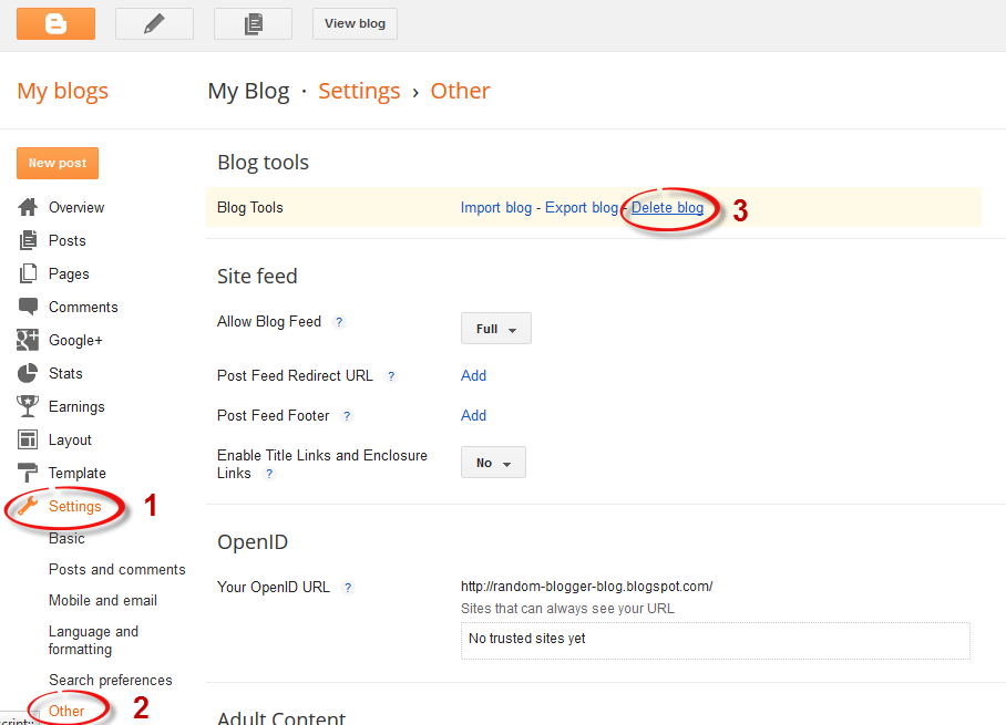 blogger settings, delete blogger blog