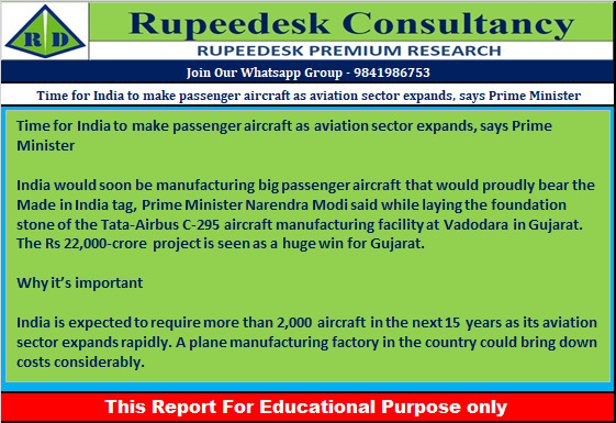 Time for India to make passenger aircraft as aviation sector expands, says Prime Minister - Rupeedesk Reports - 31.10.2022