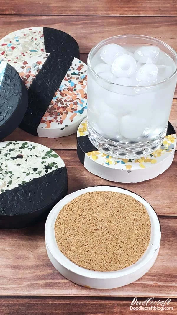 The depth, texture, the layers of colors, the retro vibe--these coasters showcase it all!   Plaid Crafts just released their Terrazzo Flakes and Sealers and they are fun!   Plaster is a fun medium to work with, it's a bit like firm chalk when it hardens.