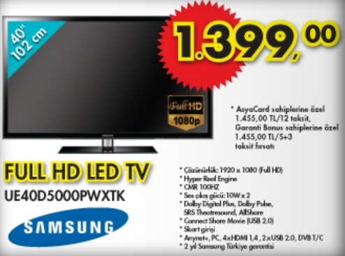 A101 Samsung 40" (102 Ekran) Full HD Led Tv : 1399 TL