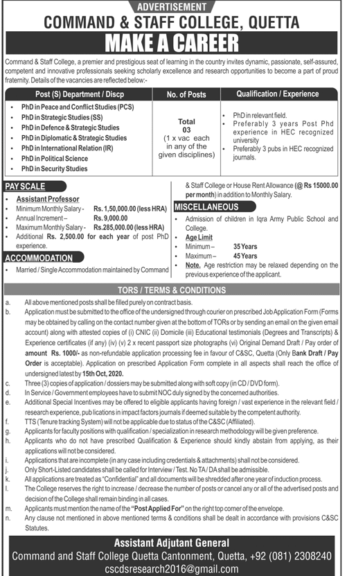 Command & Staff College Jobs September 2020