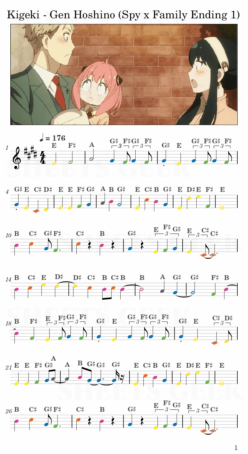 Kigeki - Gen Hoshino (Spy x Family Ending 1) Easy Sheet Music Free for piano, keyboard, flute, violin, sax, cello page 1