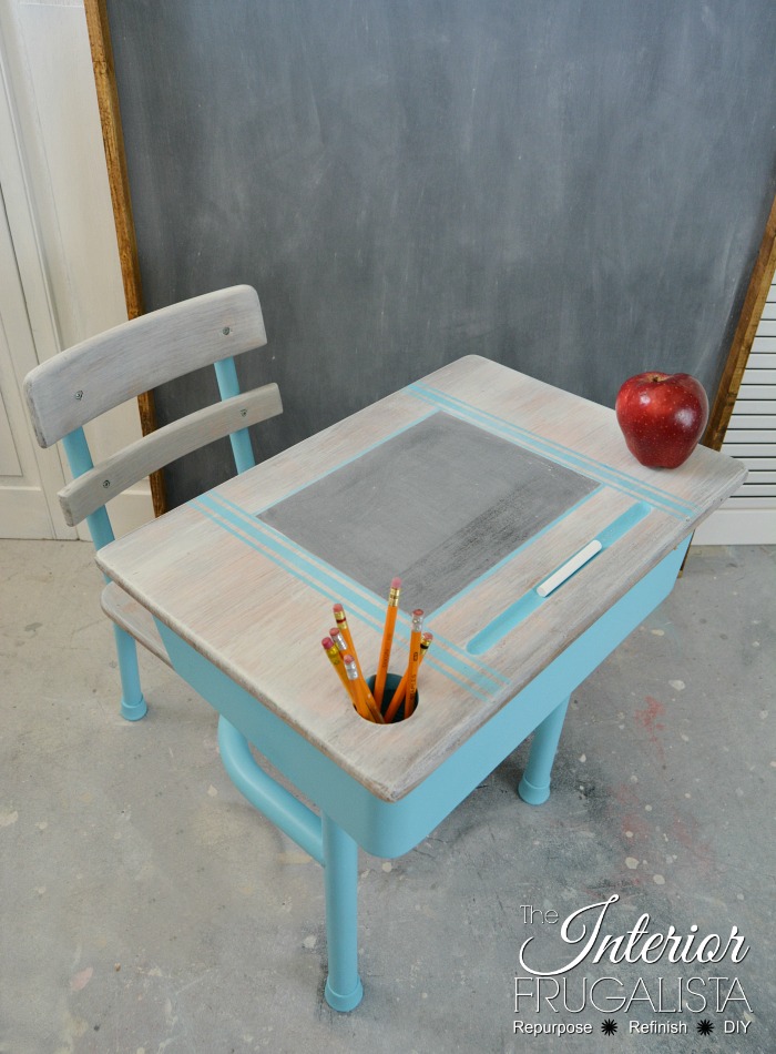 How to upcycle a vintage metal and wood classroom desk with bright turquoise paint and a whitewash finish plus a DIY chalkboard top writing slate.