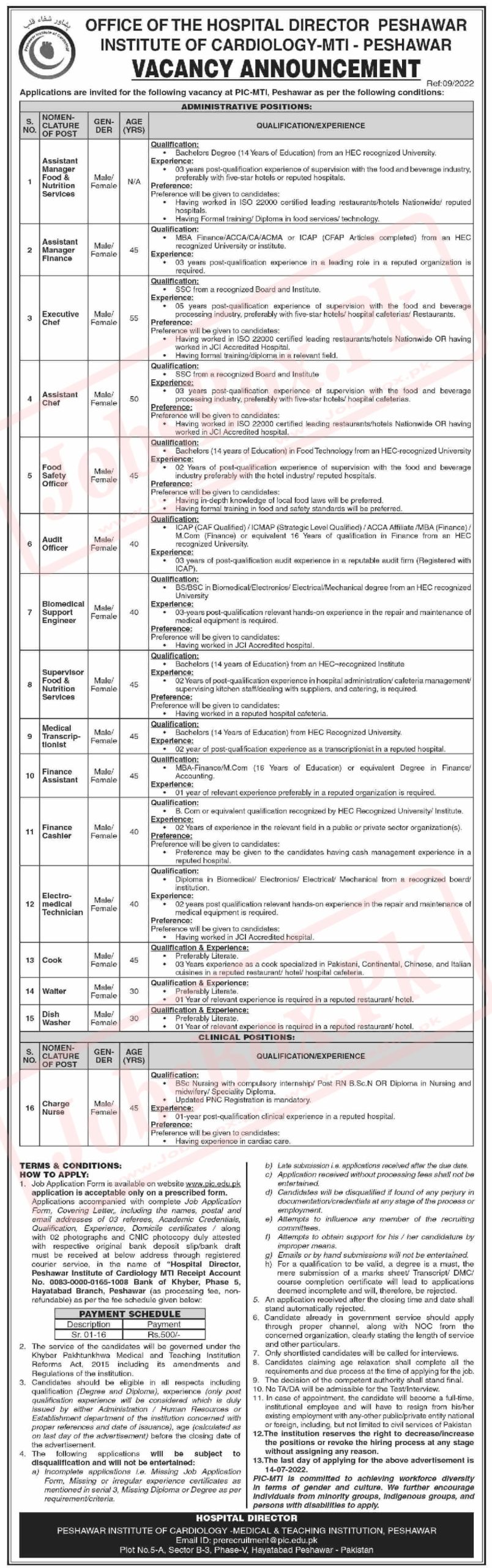 Peshawar Institute of Cardiology PIC jobs 2022 Application Form