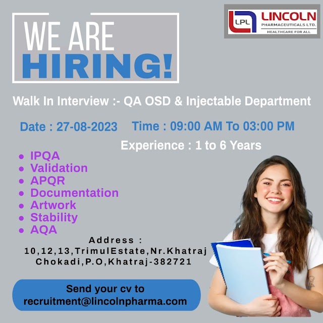 Lincoln Pharmaceuticals | Walk-in interview for Multiple Positions in QA on 27th Aug 2023