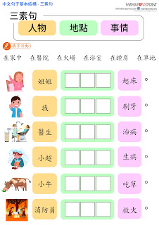 Mama Love Print 自製工作紙 - 中文句子基本結構 - 三素句練習 中文幼稚園工作紙  Kindergarten Chinese Worksheet Free Download