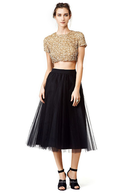 Sparkly Gold Beaded Crop Top Black Tea Length Tulle A-Line Cocktail Bridesmaid Dress