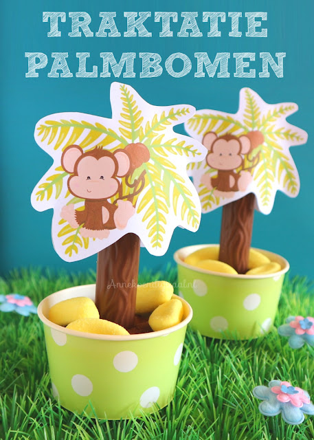 Traktatie palmbomen, gratis aapjes printable, chocolade cupcakes traktatie, de leukste traktaties, gezonde traktatie, jungle printable, annekoen traktatie, traktatie met bananen snoepjes