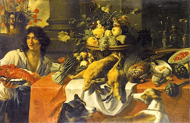 Pieter van Boucle (1610-1673) Nature morte de fruits, légumes et gibier sur une table, avec jeune homme tenant un homard dans un plat. Collection privée