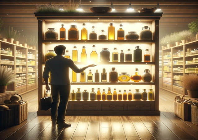 A serene health store showcasing a variety of castor oil bottles for oil pulling, emphasizing the importance of choosing the right product.