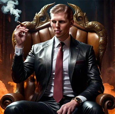 Eric Trump sitting on a throne smoking a cigar wearing a leather suit
