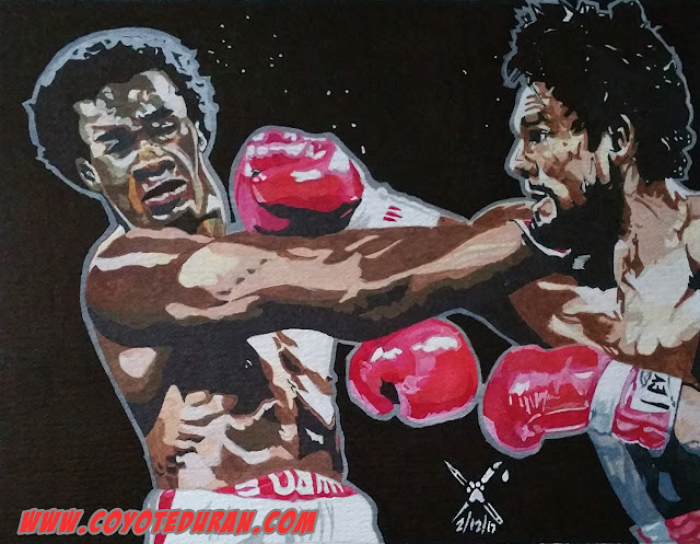 Roberto Duran vs Sugar Ray Leonard I: "The Brawl in Montreal." Watercolor paint and ink on 10" X 13" cold press paper. Art commission by Coyote Duran