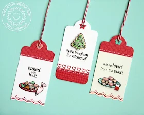 Sunny Studio Stamps: Crescent Tag Toppers Holiday Gift Tags by Mendi Yoshikawa (with Blissful Baking & Christmas Icons stamps)
