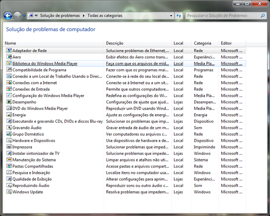 Lista com todas as soluções de problemas do Windows