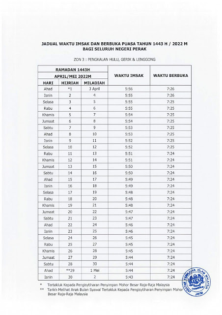 Jadual Berbuka Puasa Dan Imsak Di Negeri Perak Tahun 2022