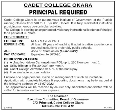 Principle Job in Cadet College Okara 2022