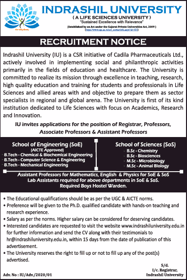 Indrashil University Faculty Jobs 2020 in BioSciences 