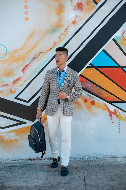 Men's Summer Style, Checked Blazer, Persol Sunglasses, Robert Graham Loafers,  and Uri Minkoff Backpack