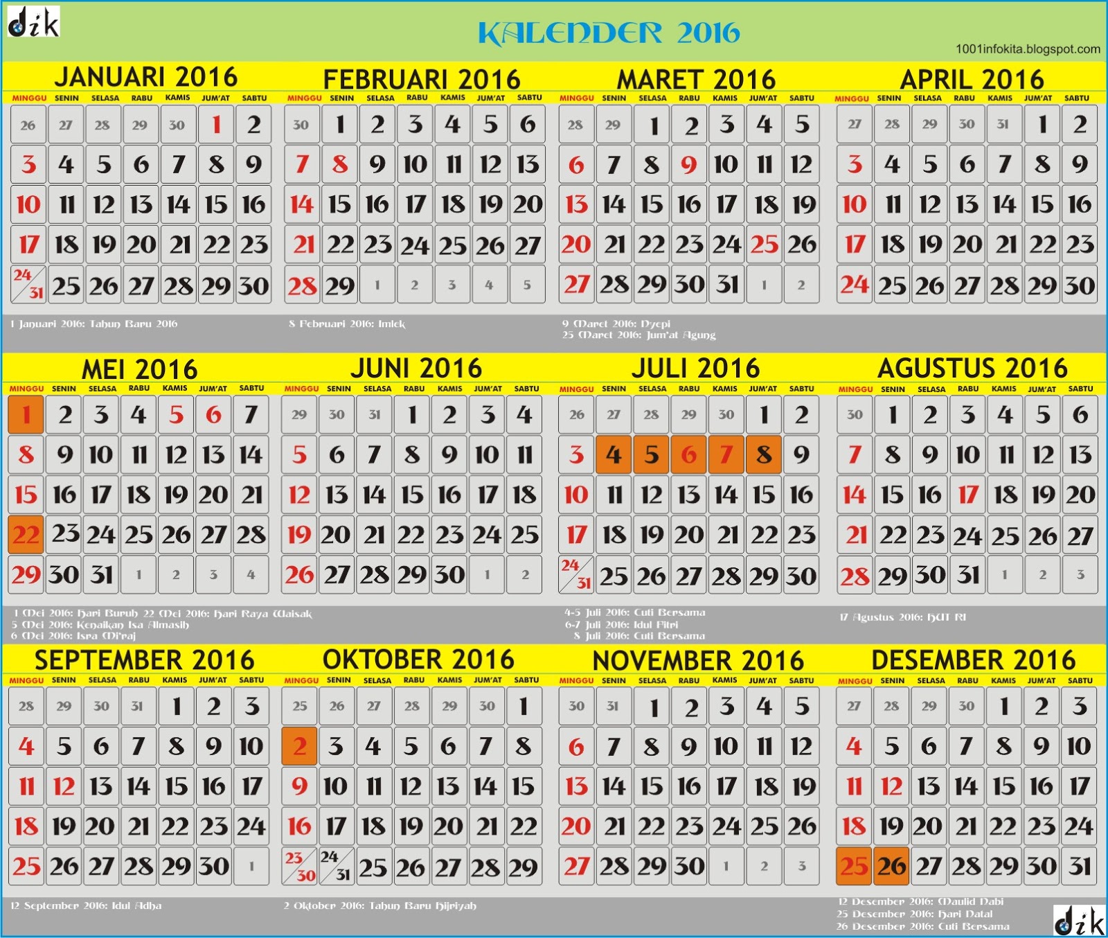 Cuti bersama Kalender 2016 lengkap dengan hari besar nasional