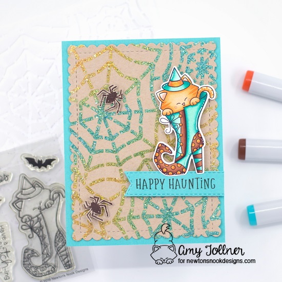 Happy Haunting by Amy features Banner Trio, Frames & Flags, Spooky Street, Witchy Newton, Spiderweb,  and Spooky Roundabout by Newton's Nook Designs; #inkypaws, #newtonsnook, #halloweencards, #cardmaking, #catcards