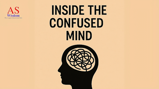 Silhouette of a head filled with tangled lines representing confusion, with bold text "INSIDE THE CONFUSED MIND" on a beige background.