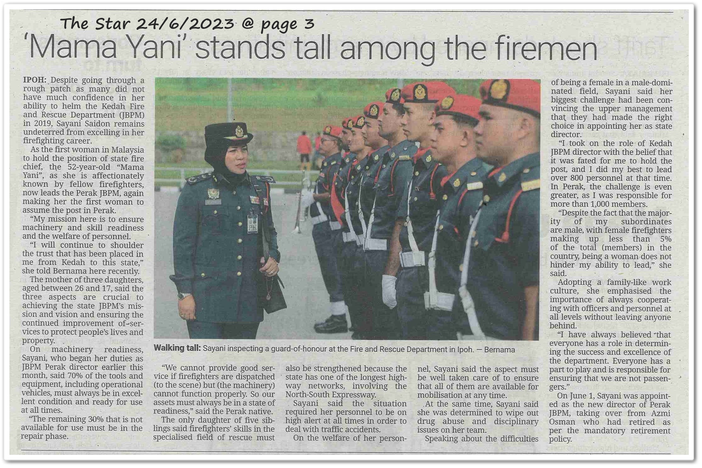 'Mama Yani' stands tall among the firemen - Keratan akhbar The Star 24 June 2023