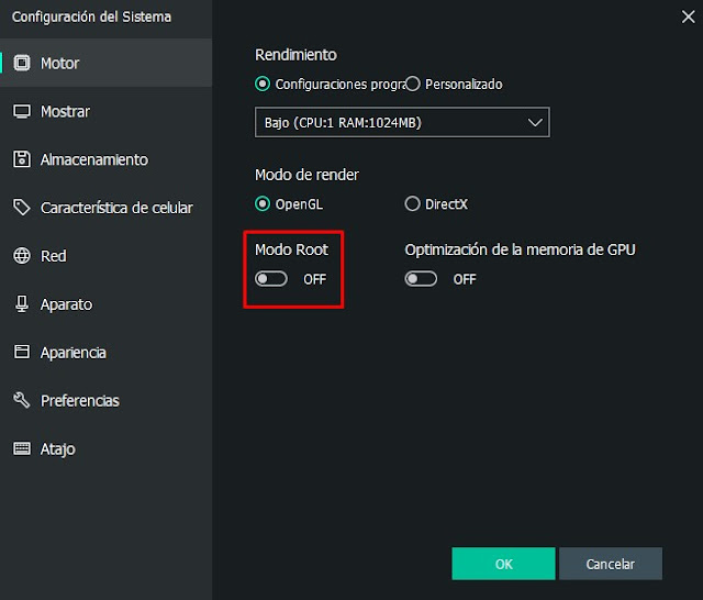 configuración del sistema modo raiz en memu