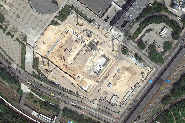 Baustelle CCB, Neubau Citycube Berlin, Jaffeestraße, Ehemalige Deutschlandhalle, Google Earth Bildaufnahmen, 14055 Berlin, 1943 - 2012