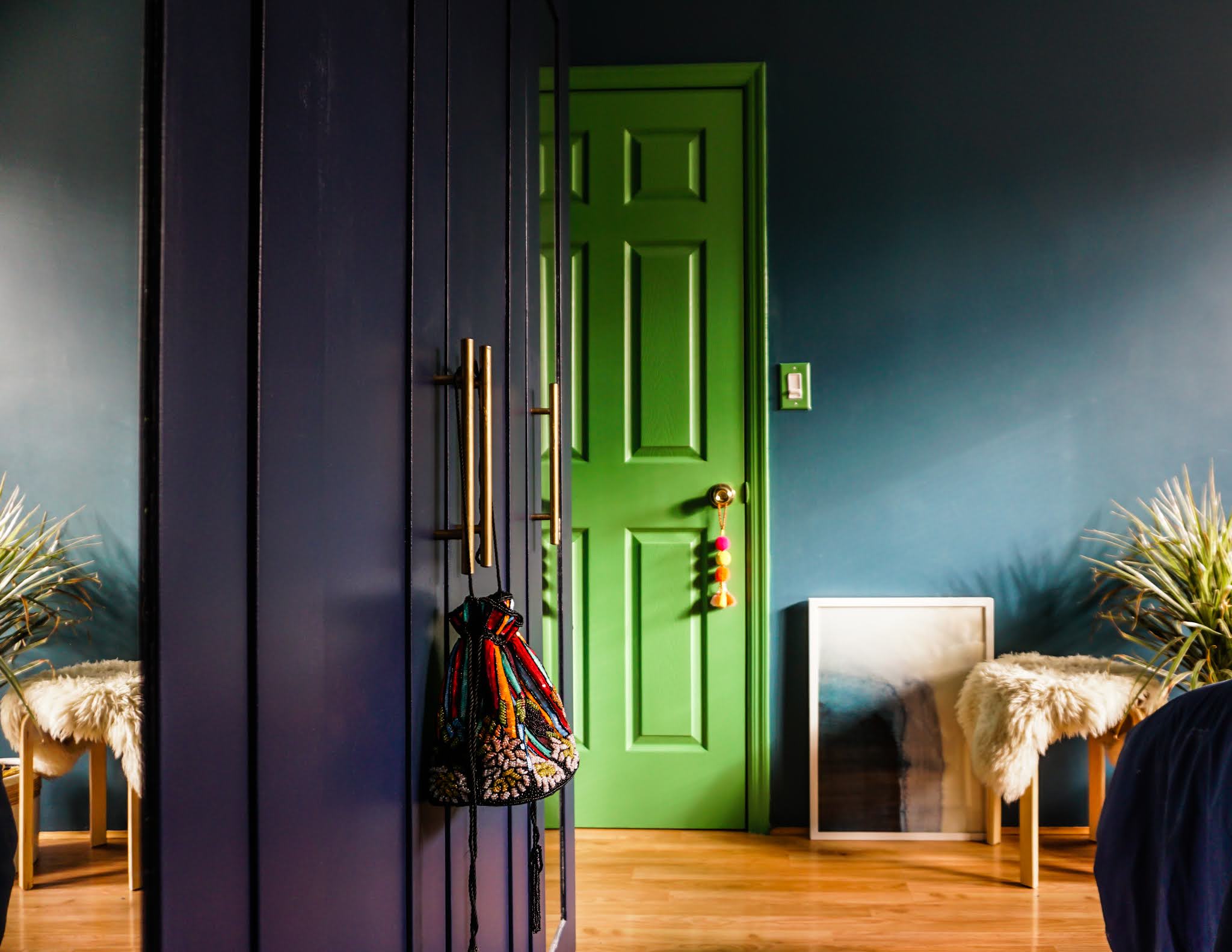 green bedroom door // green and blue bedroom // green and aqua bedroom // deep bedroom colors // soothing dark bedroom colors // bedroom color Inspo // color scheme blue and green // Kelly green door // Clare Paint matcha latte // Clare Paint deep dive // Clare Paint goodnight moon // blue bedroom // green bedroom // colorful doors // colorful interiors // colorful interior door // colorful homes // Megan Zietz home // tfdiaries home // green bedroom door // deep blue walls // dark and moody bedrooms // small colorful homes // small space paint colors // colorful home inspiration // contrasting door colors // door color ideas // door color inspo // boho bedrooms // moody bedrooms // jewel tone bedrooms //