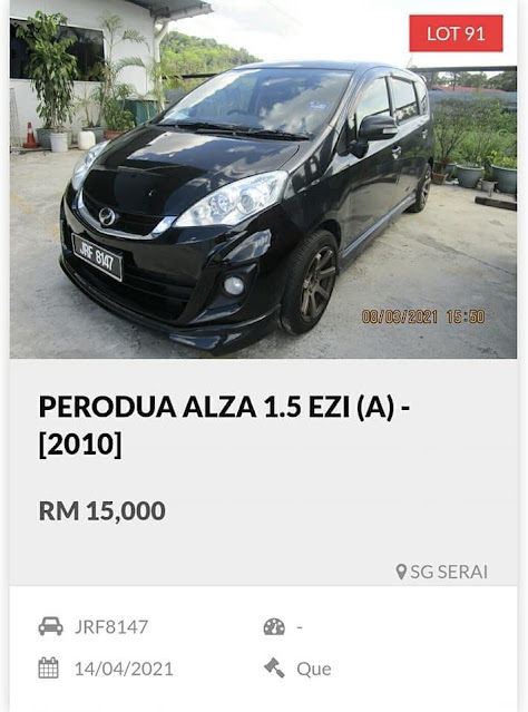 Kereta Perodua Alza tahun 2010 harga lelong RM15 ribu