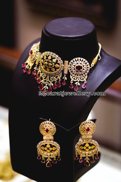  carat gilded metallic circular large Cz stones studded motifs attached amongst filigree hold upwards leafy t Filigree Design Ruby Stone Drops Choker