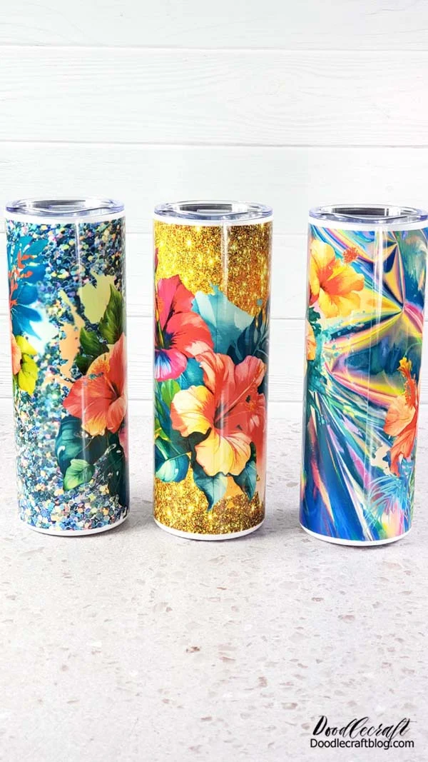 See how beautifully the back seams line up--a little slip up here or there, but they look pretty flawless.   I love the hibiscus flowers and glitter.   Which of these 3 holographic tumbler wrap designs do you like best?