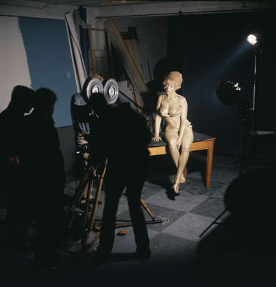 Behind-the-scenes: JAMES BOND "GOLDENEYE" title sequence. photographs by Herbert Spencer document artistic director Robet Brownjohn's preparatory studies.  Golden painted girl, the beautiful Margaret Nolan, on exibit at the MoMA. quintessential 1960's design.