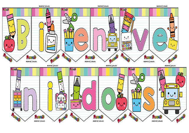 Banderines escolares con útiles kawaii para decorar salóns de clase