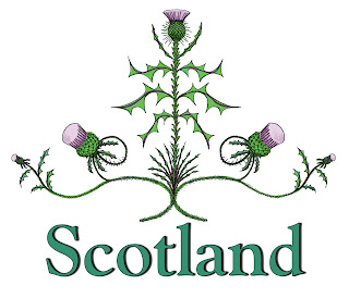 A detailed decorative Thistle in a pyramid arrangement with the word 'Scotland' underneath