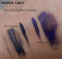 Got Ink'd cushion liquid eyeliner STILA comparison swatches INDOOR LIGHT Blue Sapphire Amethyst Black