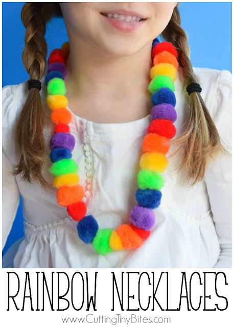 Rainbow Pompom Necklace Craft- fun activity for kids for spring, St. Patrick's Day, or a weather theme. Great for developing fine motor skills!