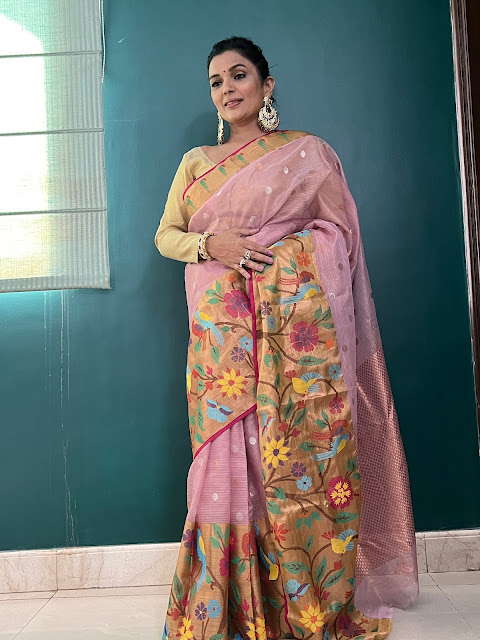 Kota doria saree with real zari onion pink colour