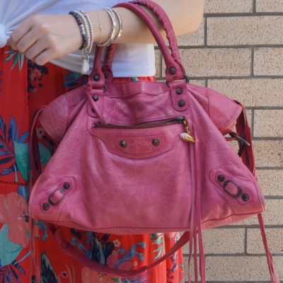 coral floral maxi dress with Balenciaga RH classic city in 2010 sorbet | away from blue